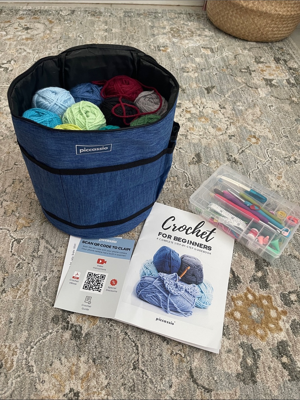 Piccassio Blue Collapsible Yarn Storage Basket - Crochet Organizer